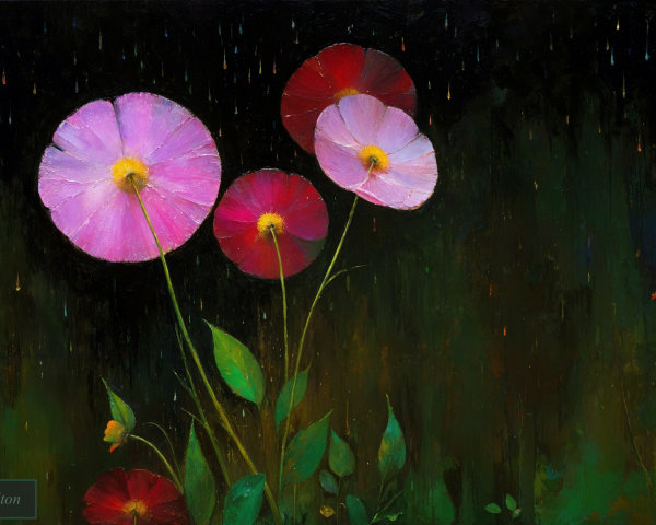 Vibrant Painting of Blooming Flowers on Dark Background