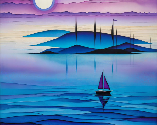 Tranquil Seascape at Dusk with Sailboat and Islands