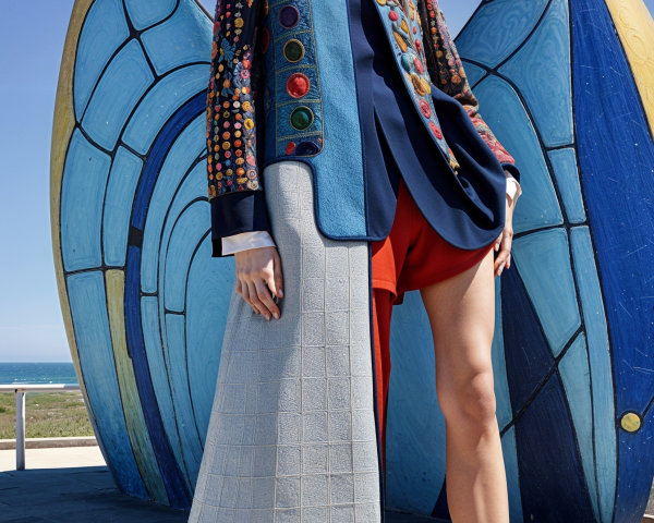 Colorful Fashion Ensemble with Unique Jacket and Hat