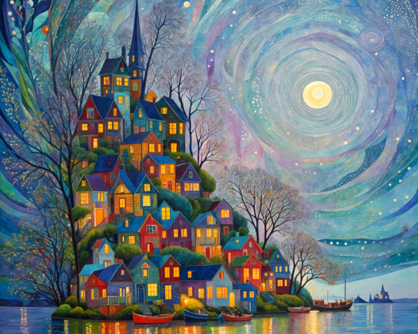 Vibrant Dreamlike Scene of Colorful Houses on Hill