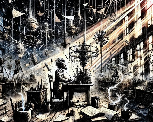 Dimly Lit Laboratory with Floating Geometric Shapes