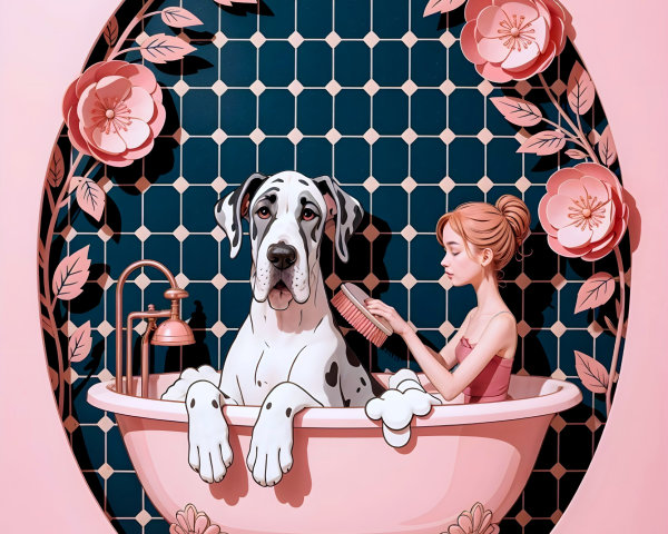 Woman in Vintage Bathtub with Great Dane and Flowers
