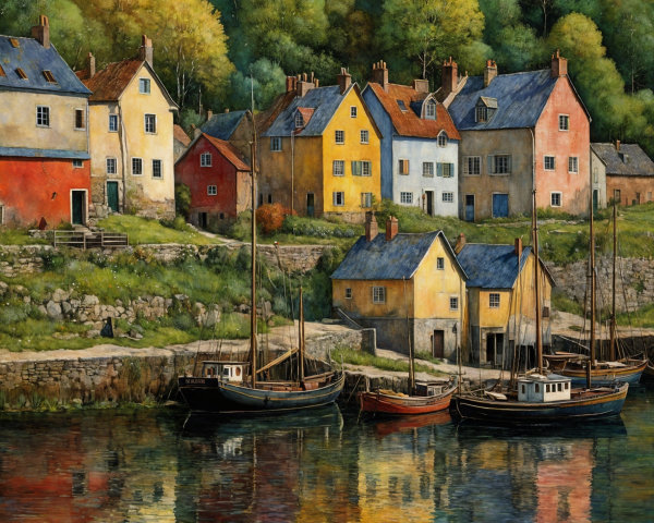 Coastal Village with Colorful Houses and Boats