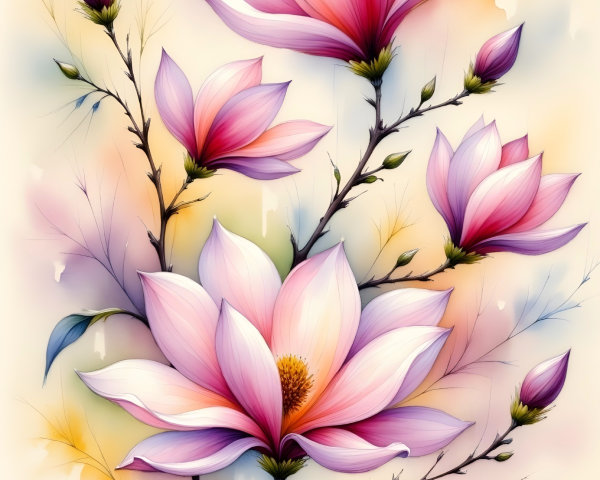 Magnolia Flowers Illustration with Pink and White Petals