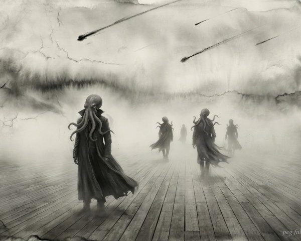 Surreal Scene of Cloaked Figures with Octopus Heads