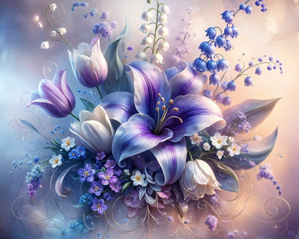 Vibrant Floral Arrangement with Purple Lilies and Tulips