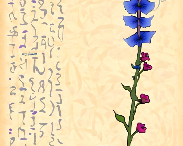 Vibrant Blue Flower with Pink Buds and Stylized Symbols