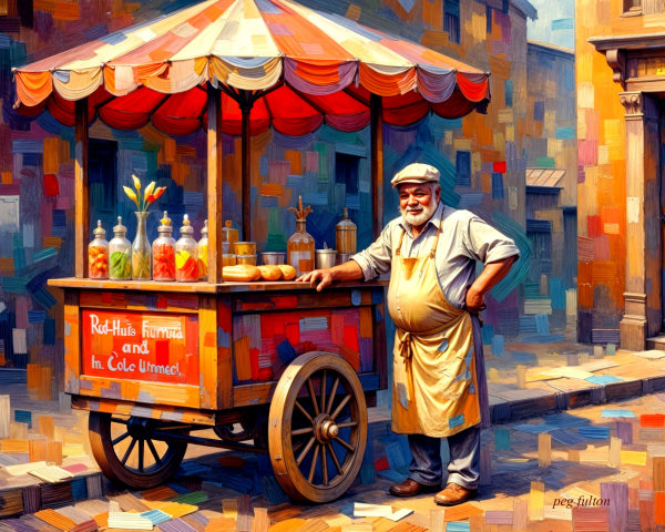 Colorful vendor cart with jars and cheerful atmosphere