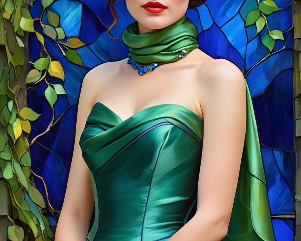 Beautiful woman in green dress with curly hair and jewels