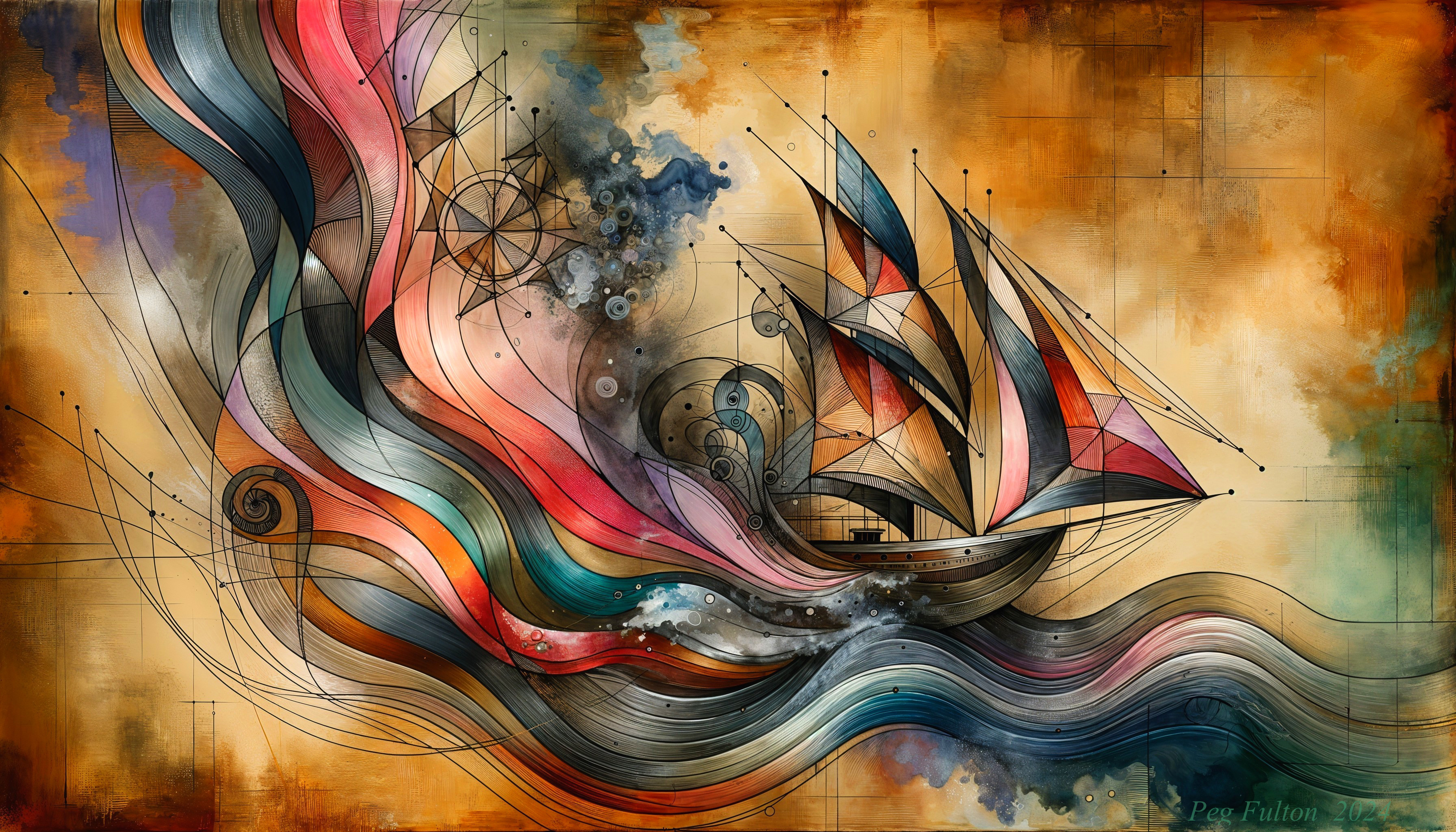 Abstract Artwork of a Sailing Ship in Bold Colors