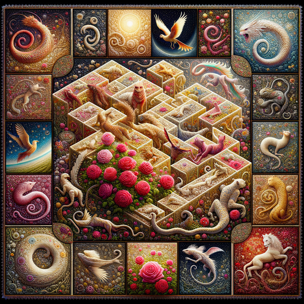 Colorful Surreal Artwork with Labyrinth, Fantasy Creatures, Patterns, and Nature