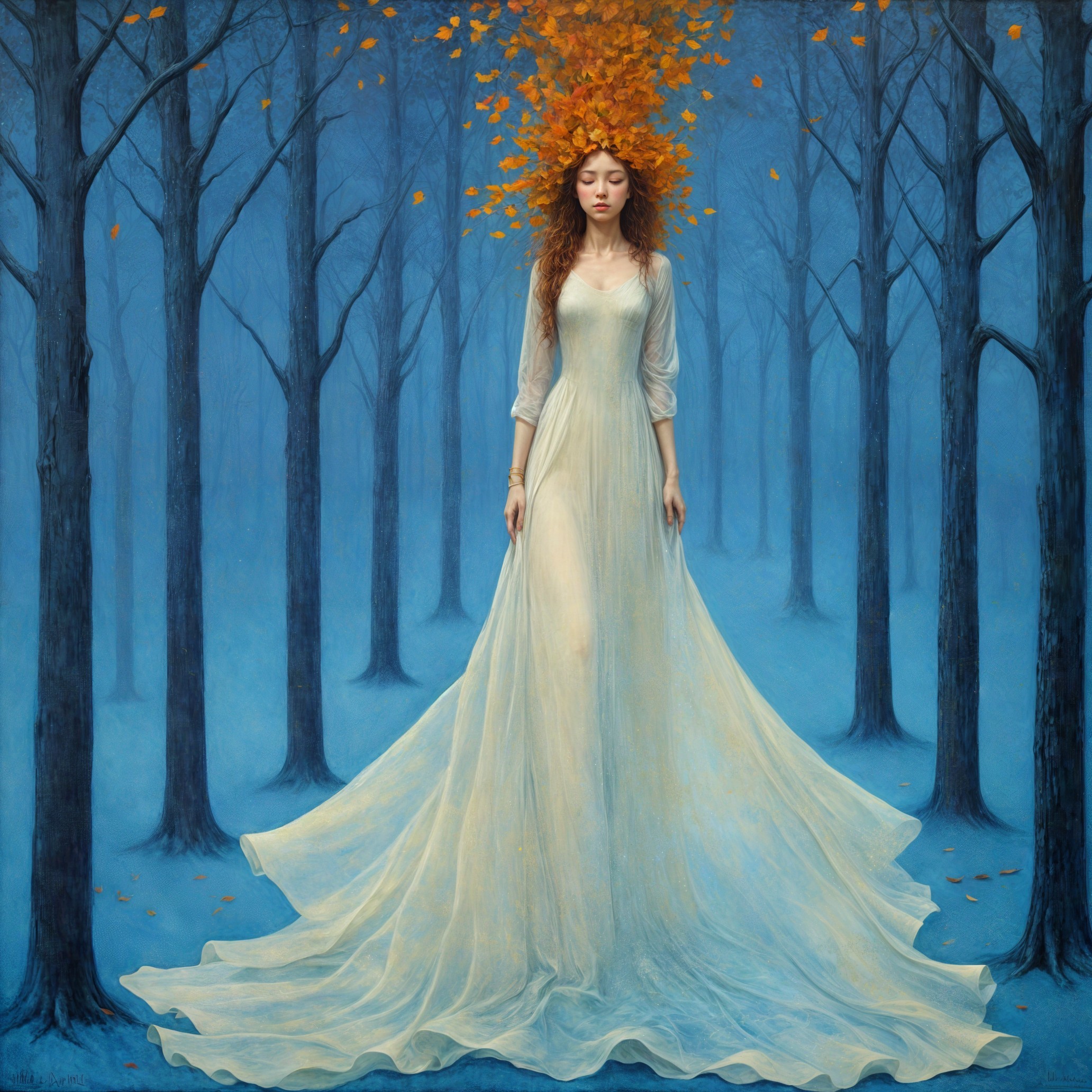Serene figure in a misty forest with autumn leaves