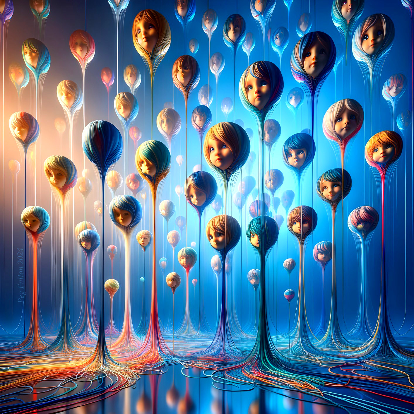 Surreal landscape with colorful tree-like strands and faces