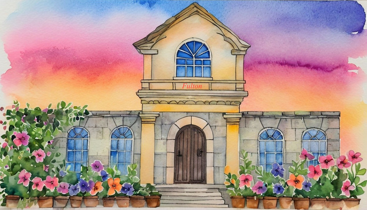 Watercolor Illustration of Quaint Building with Flowers