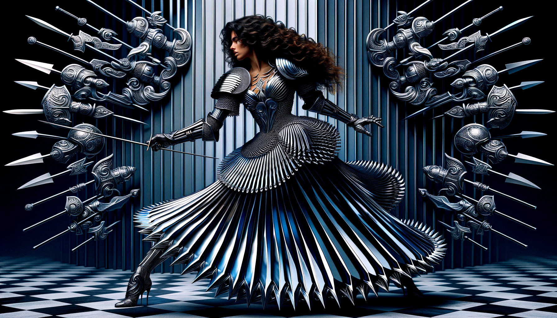 Woman in Metallic Dress with Sword on Chessboard Floor
