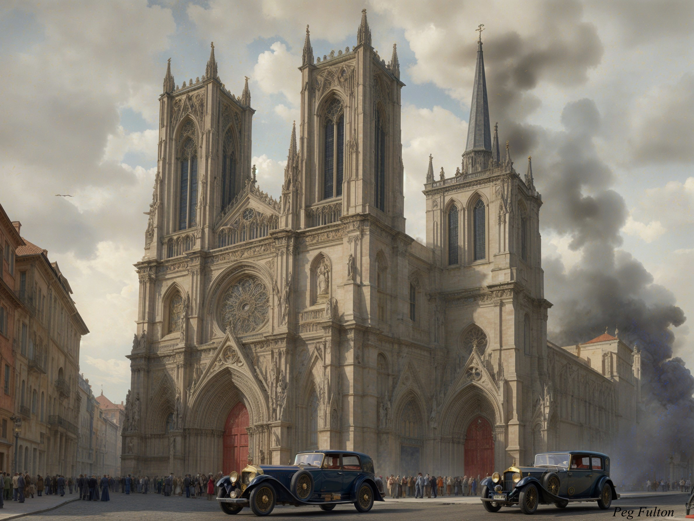 Gothic Cathedral with Vintage Cars and Crowded Scene