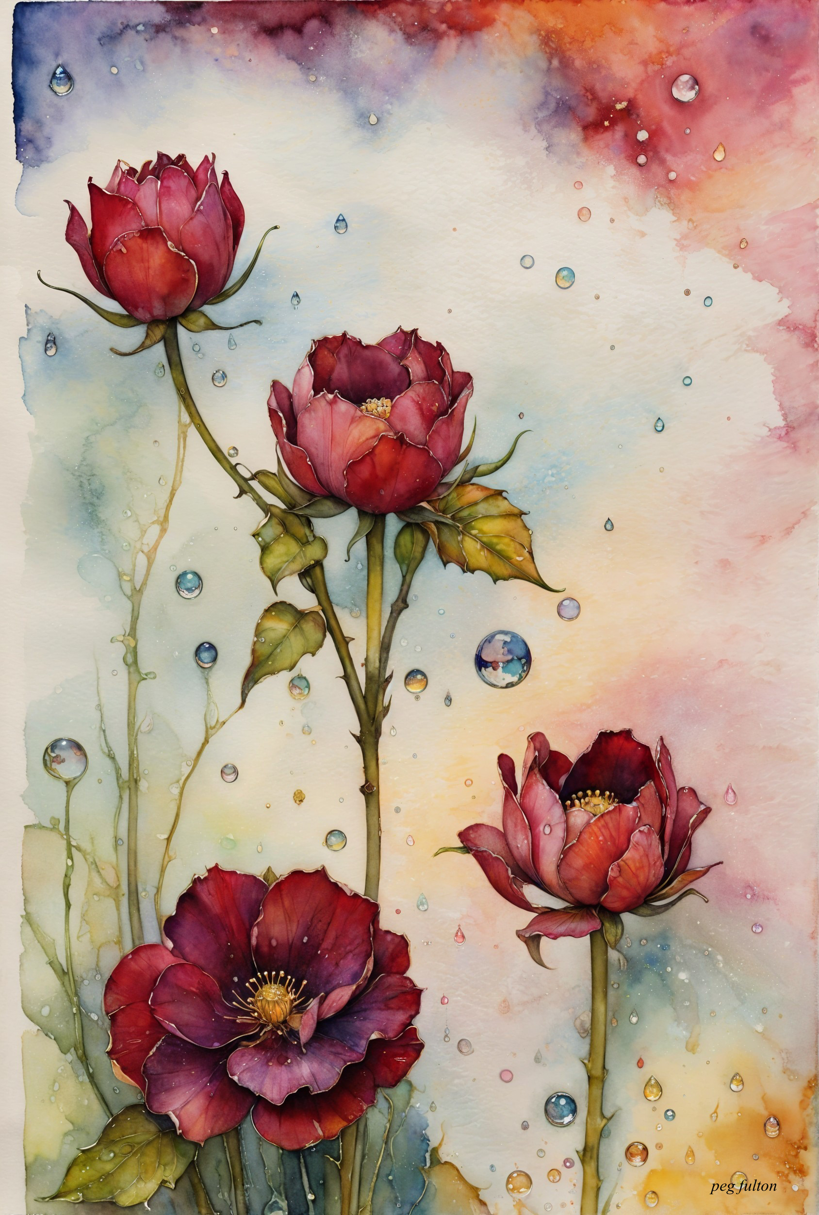 Vibrant Watercolor of Tall Red Flowers with Background Washes