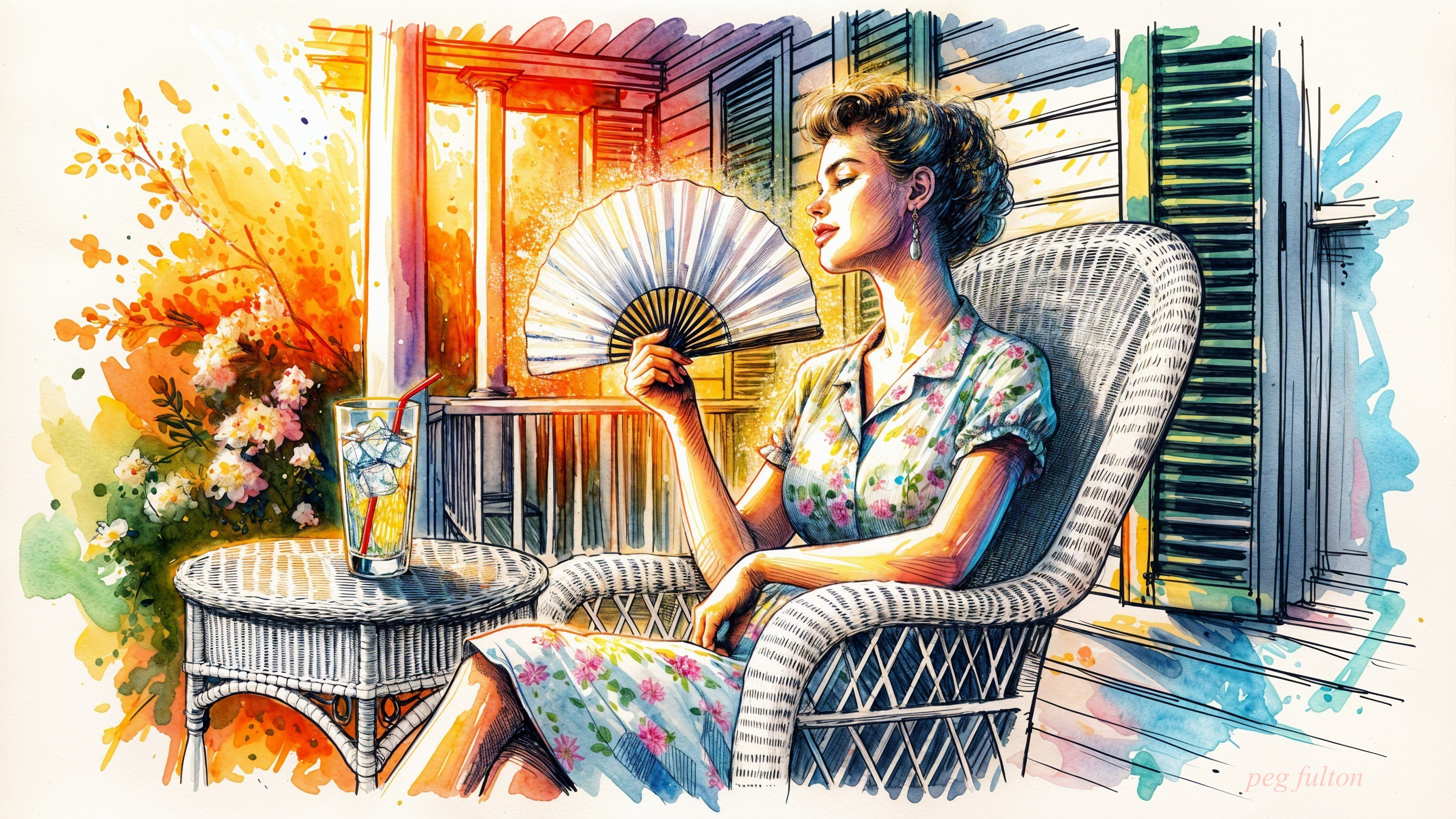 Serene Woman in Floral Dress on Wicker Chair