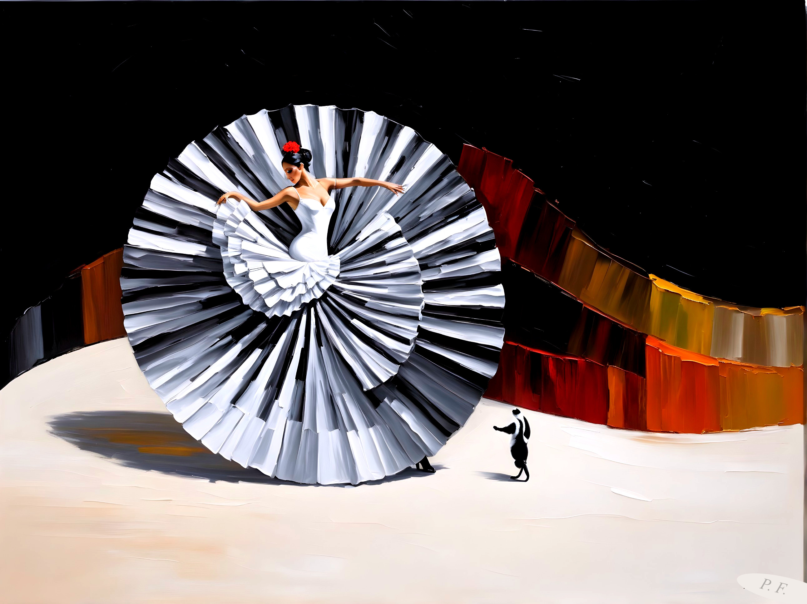 Stylized dancer in oversized black and white skirt