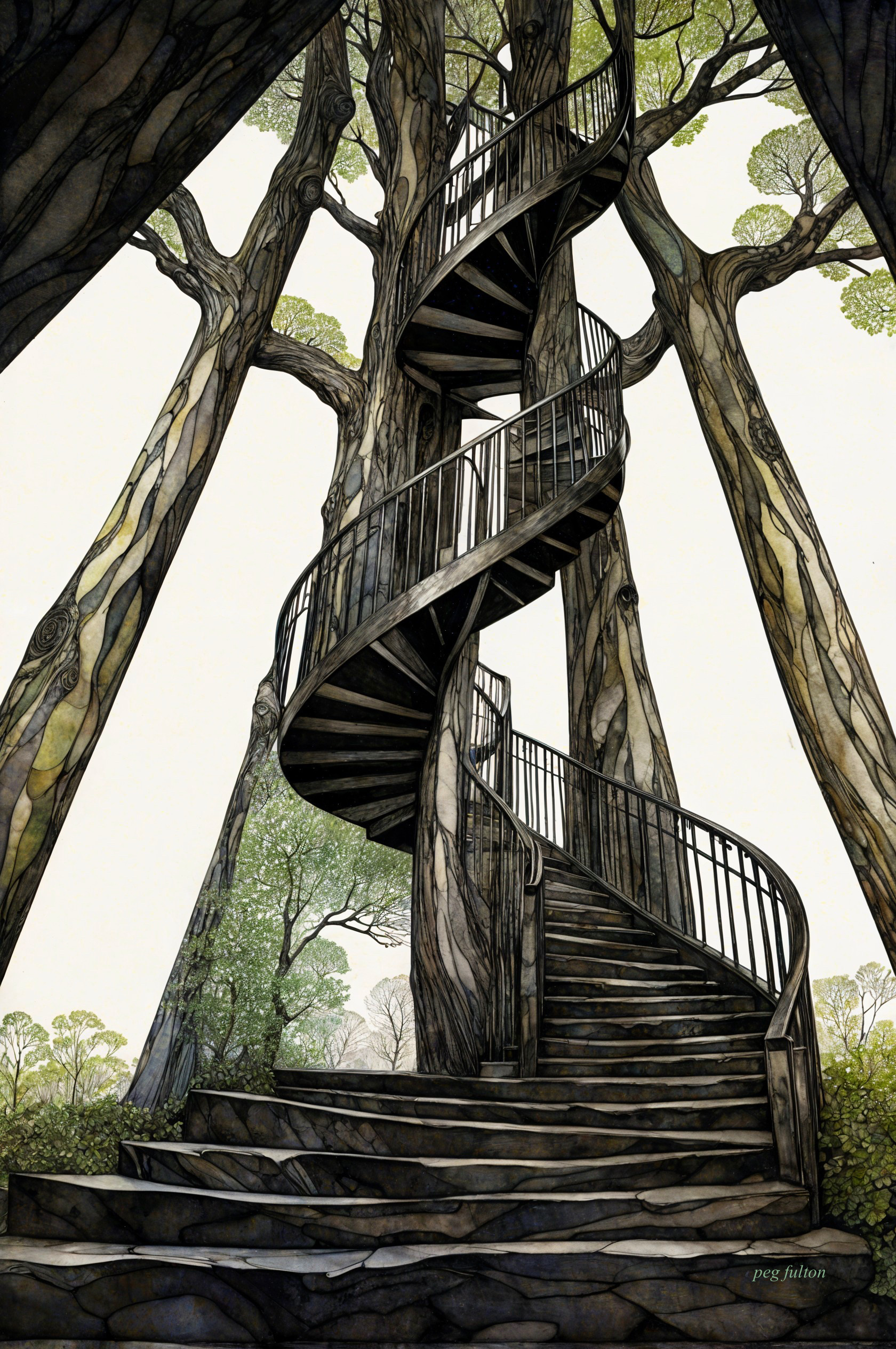Spiral Staircase Among Stylized Trees in Serene Setting