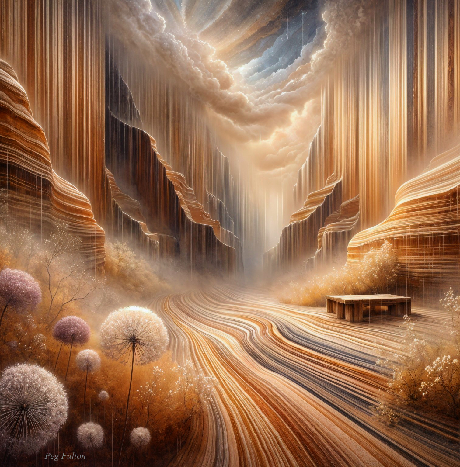 Surreal Landscape with Striated Cliffs and Misty River