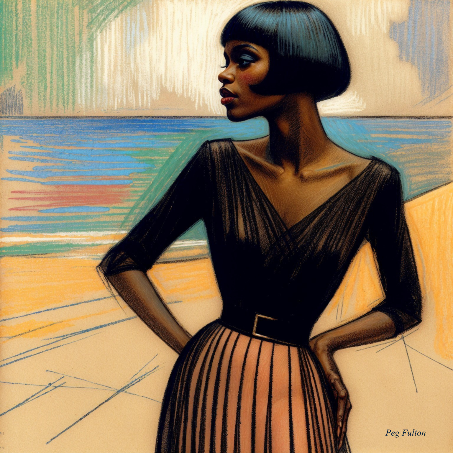 Elegant Woman at Beach with Fashionable Attire