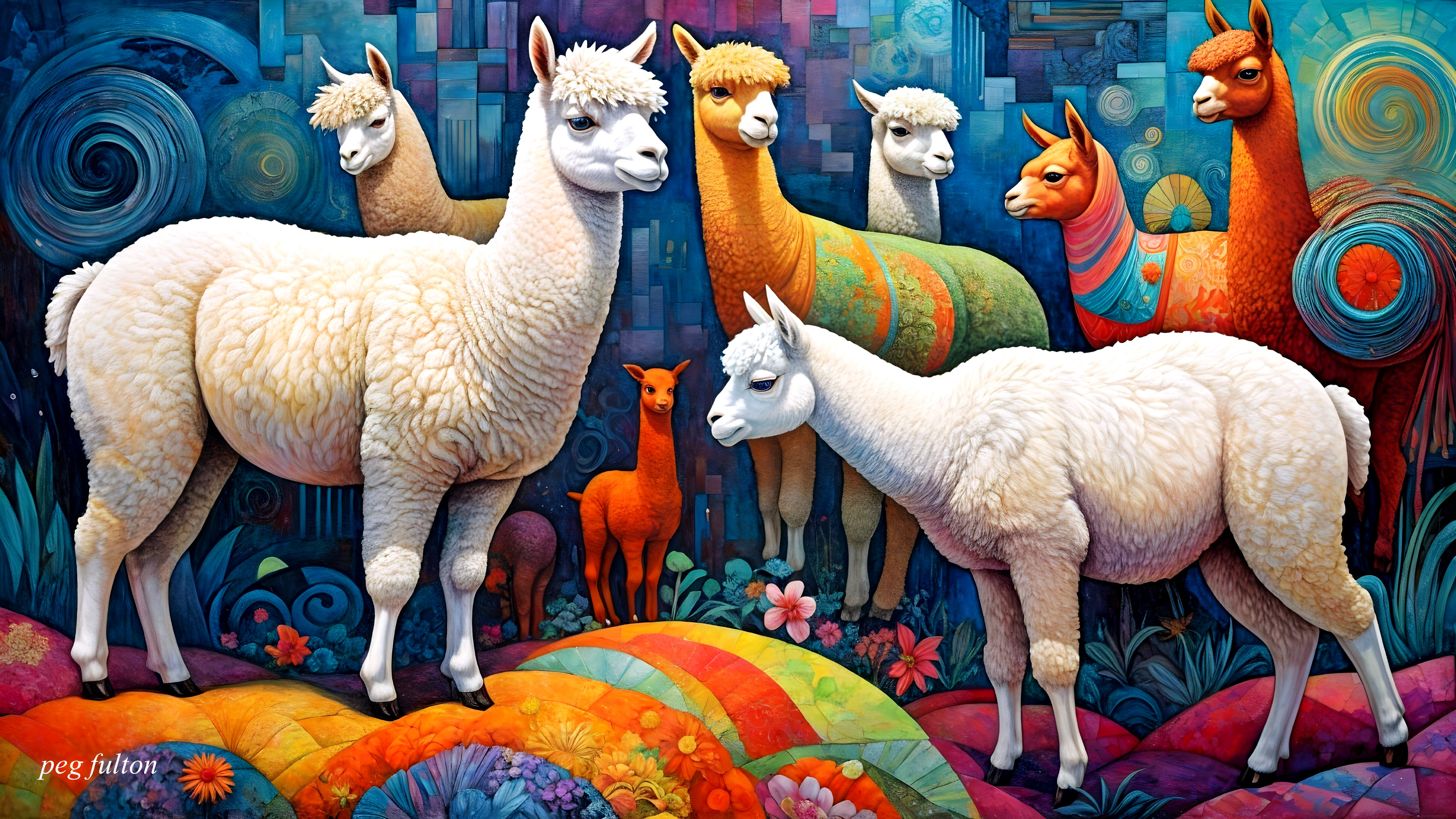 Colorful Scene of Stylized Llamas and Alpacas