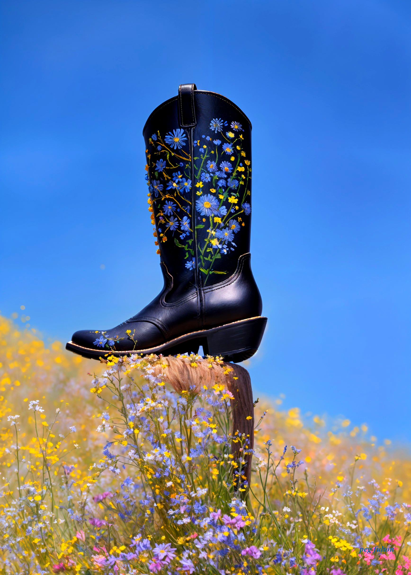 Black Cowboy Boot with Floral Embroidery in Wildflowers