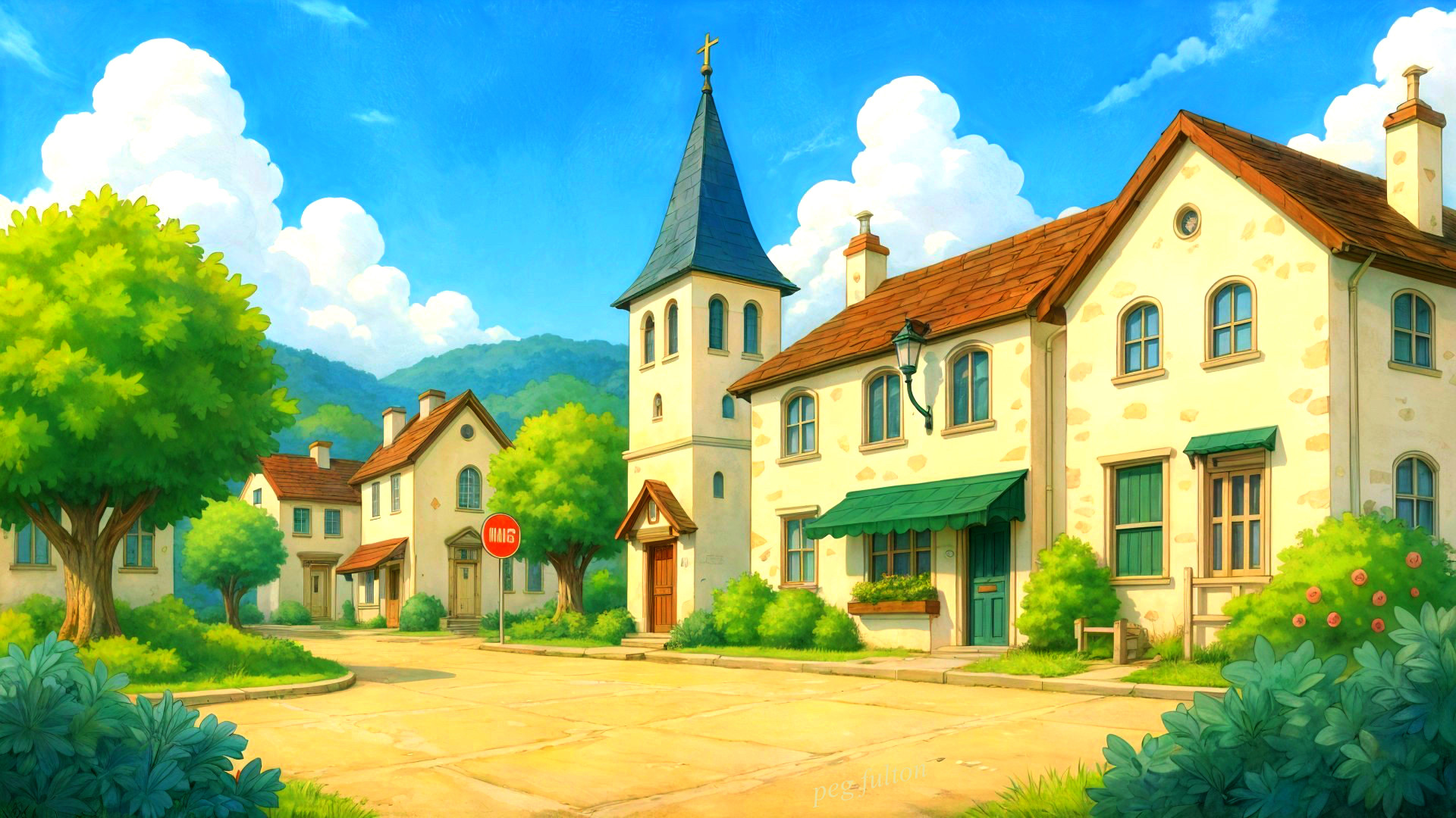 Charming Village with Quaint Houses and Church Scene