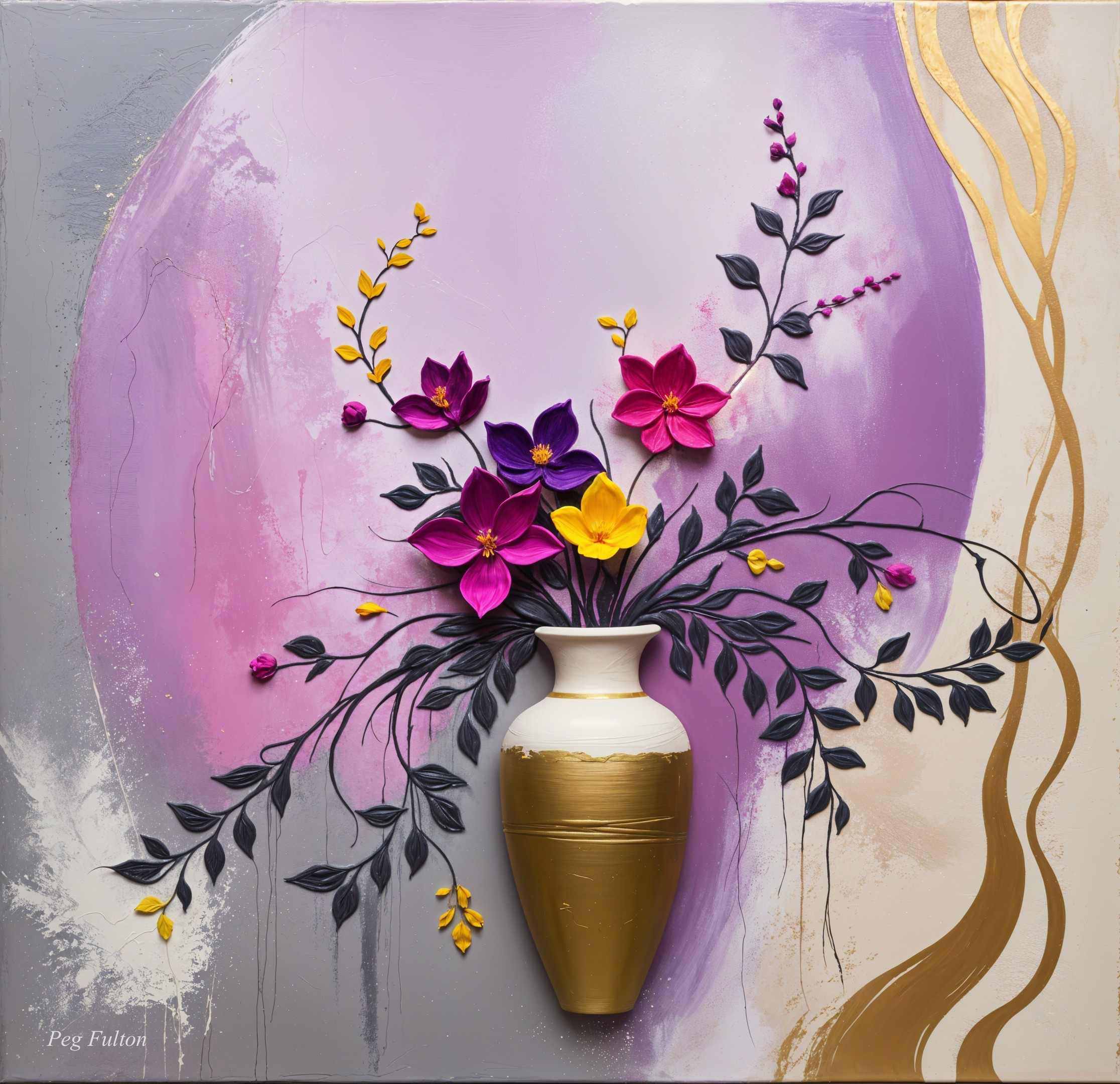 White Vase with Gold Details and Colorful Background