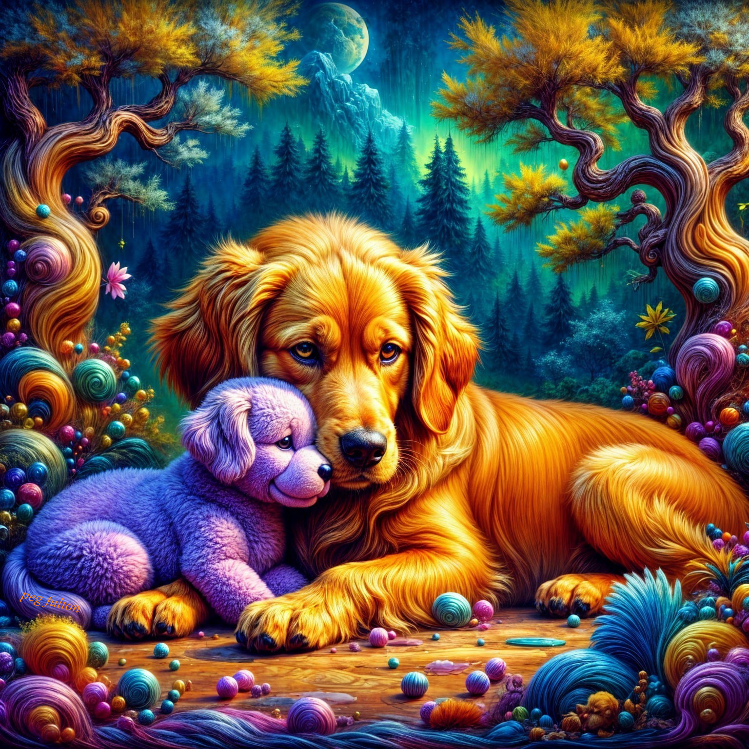 Golden Retriever and Teddy Bear in Enchanted Forest