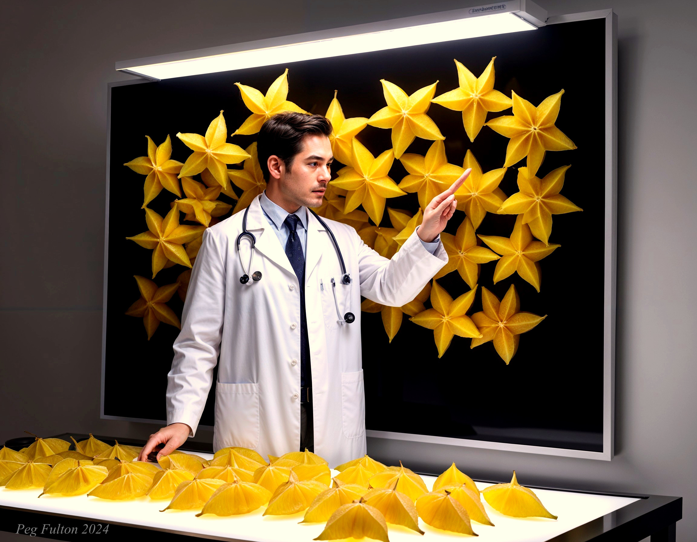 Scientist Analyzing Yellow Star-Shaped Objects in Lab