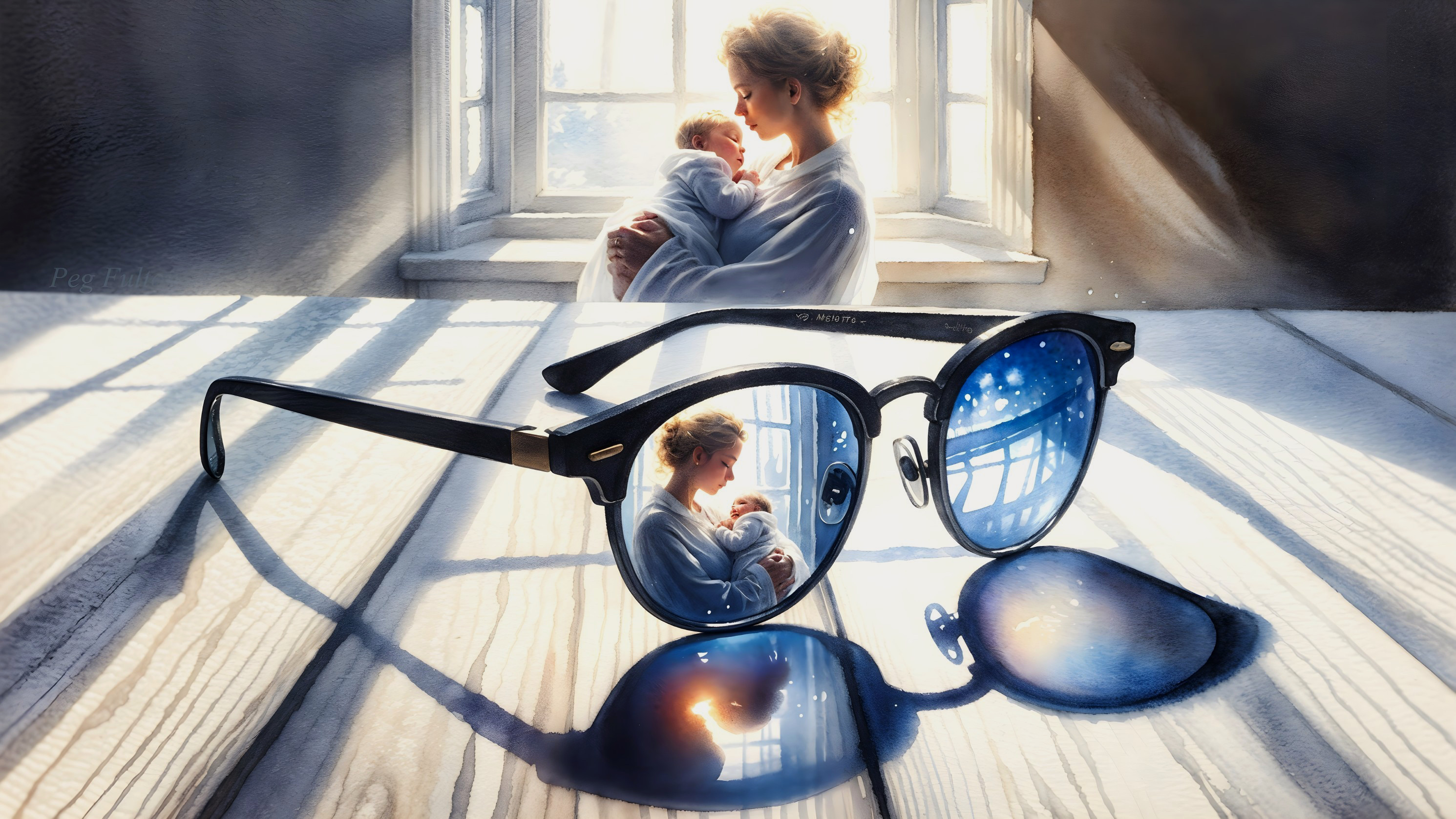 Sunglasses Reflecting a Tender Mother-Baby Scene