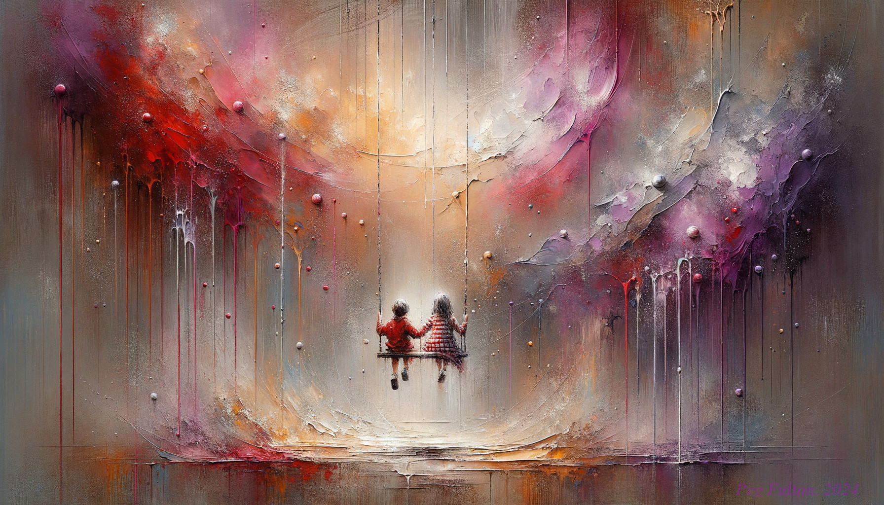 Children on a Swing in a Dreamlike Colorful Landscape