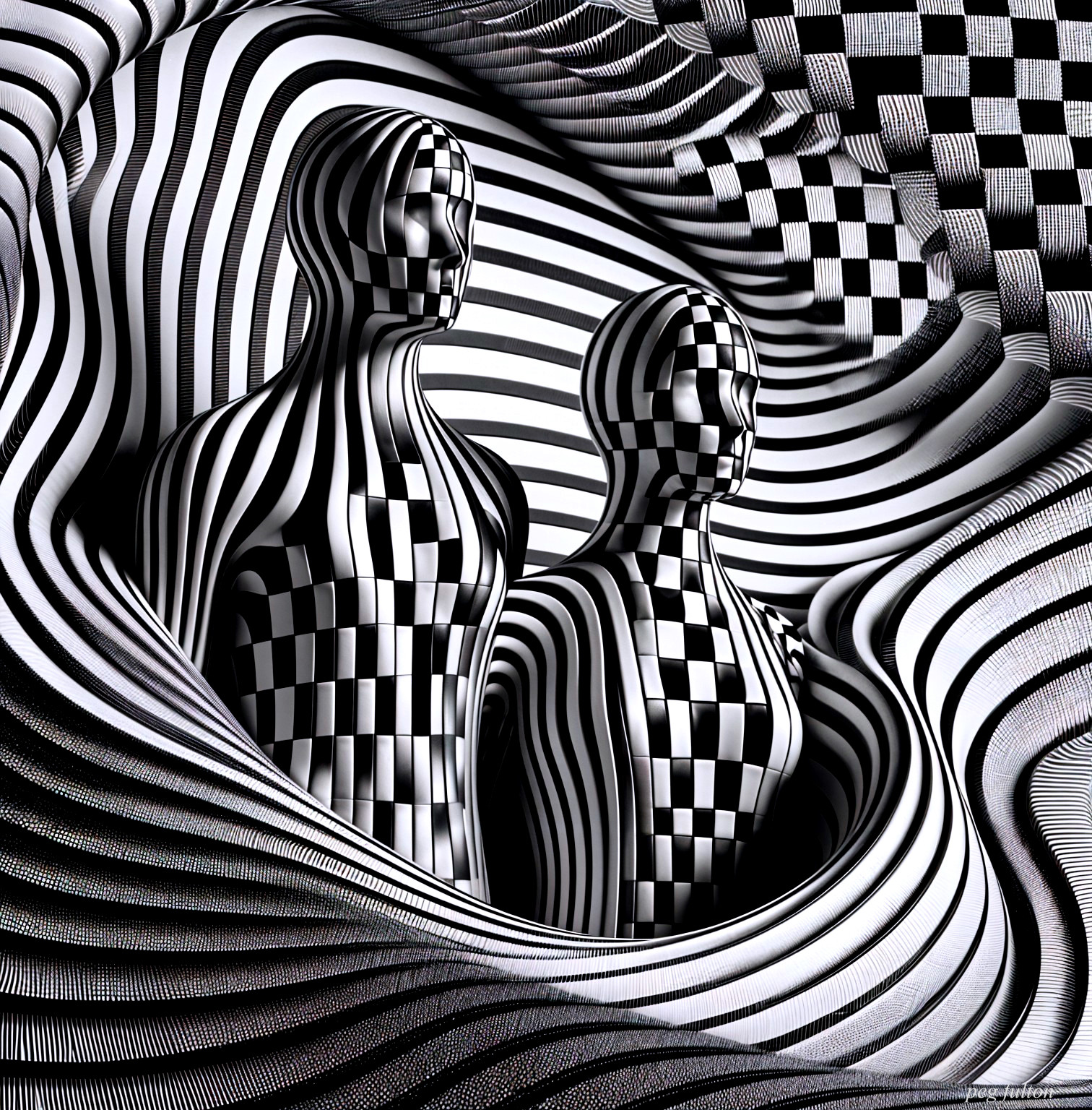 Abstract Humanoid Figures in Black and White Patterns