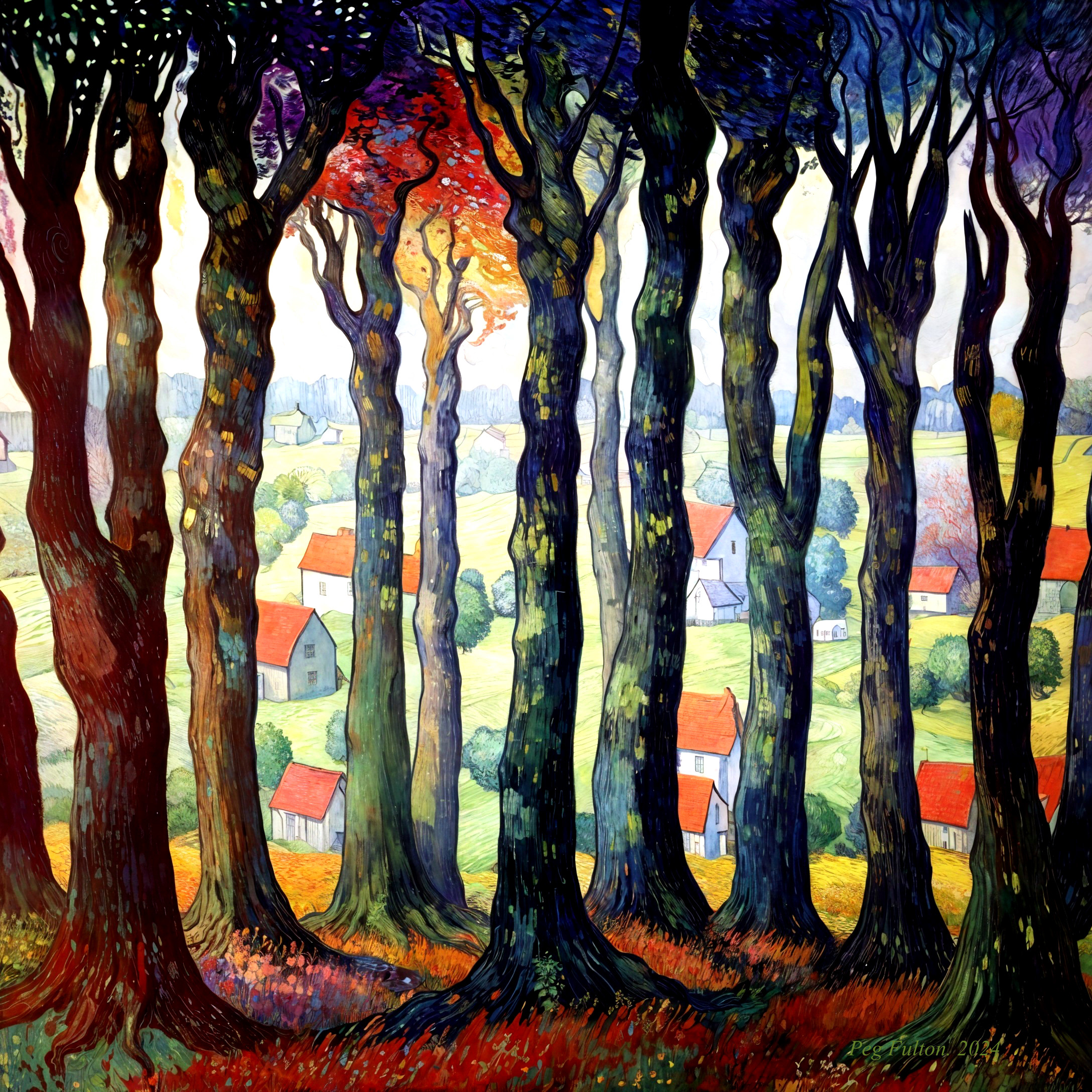 Vibrant Landscape with Stylized Trees and Charming Houses