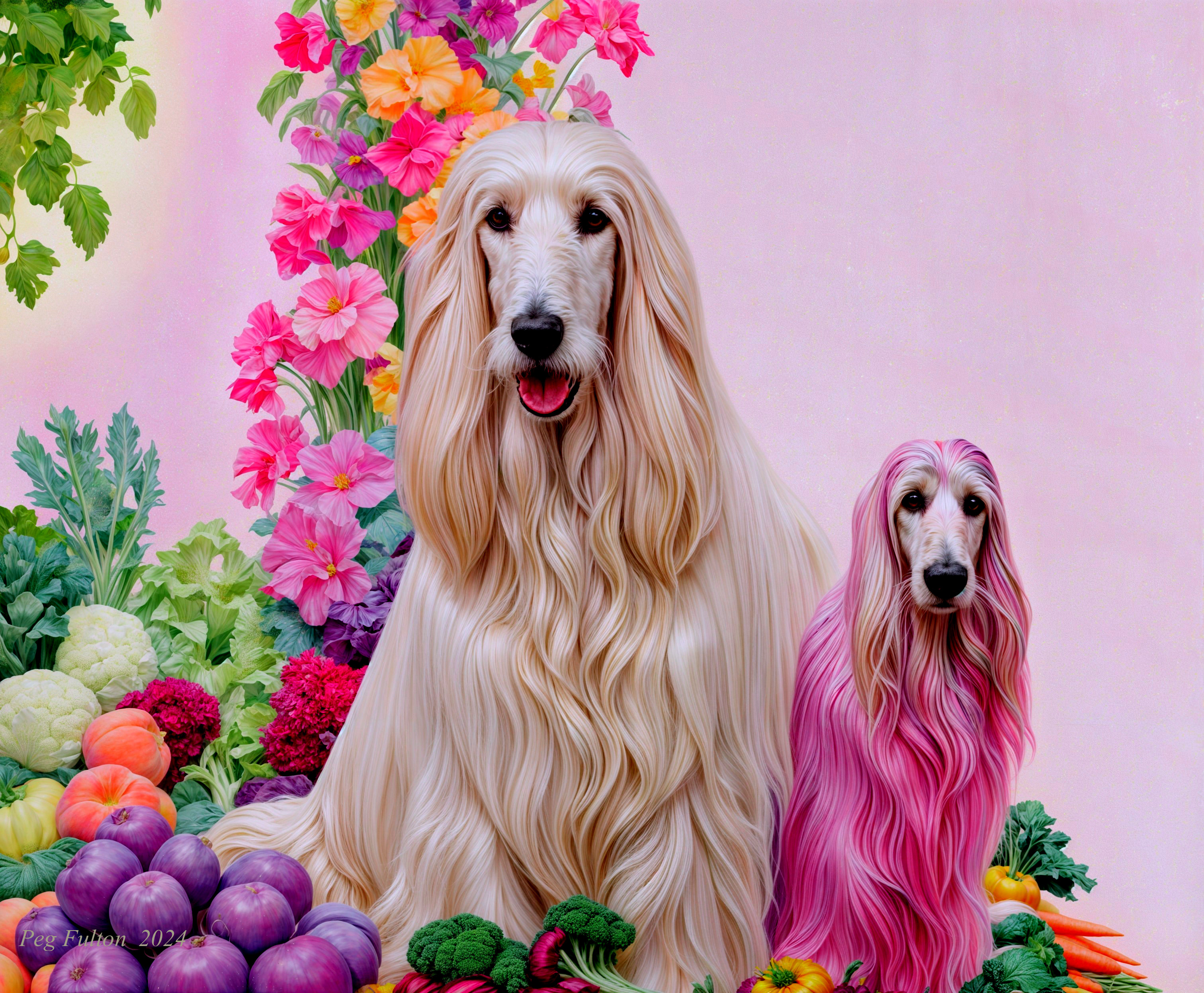 Elegant Dogs Surrounded by Colorful Flowers and Vegetables
