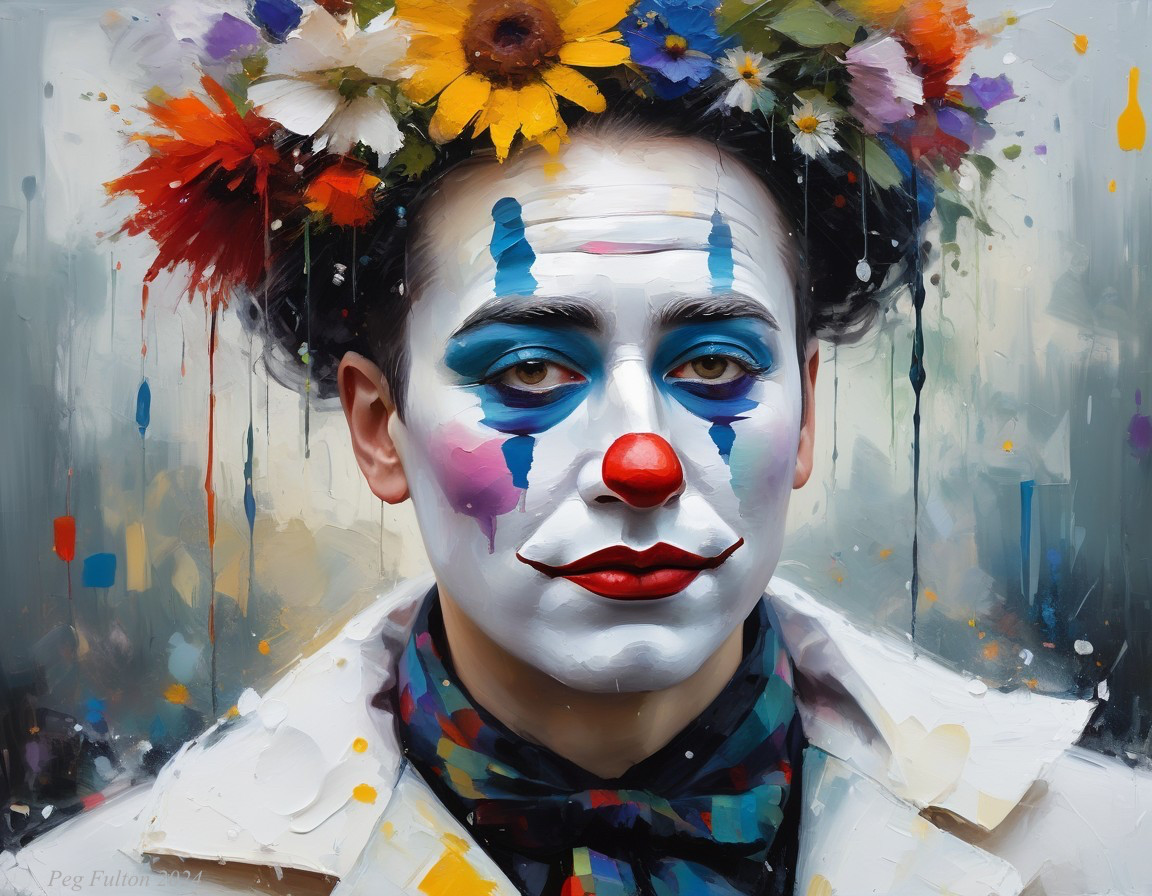 Vibrant Clown Portrait with Floral Crown and Bold Colors