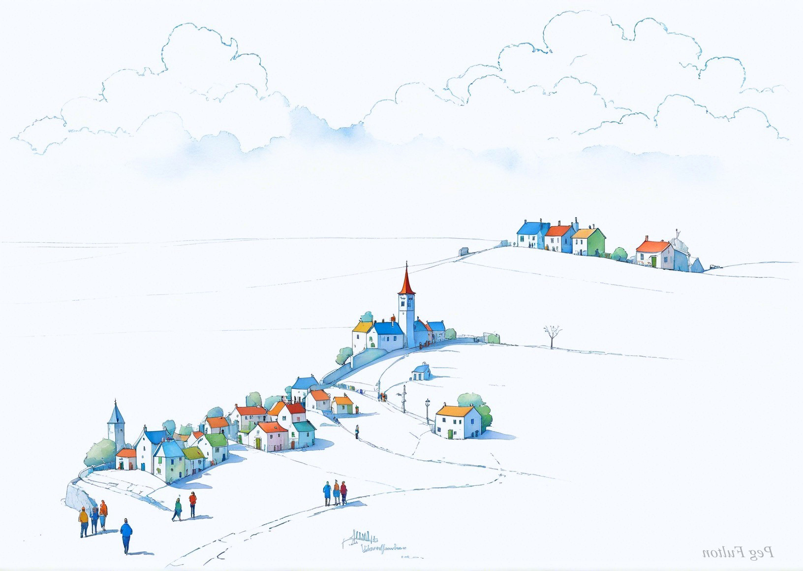 Quaint village illustration with rolling hills and church
