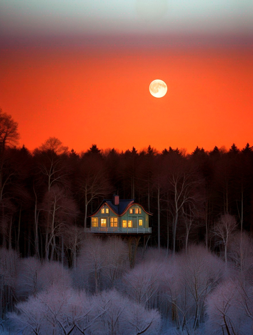 Solitary House in Snowy Forest at Dusk