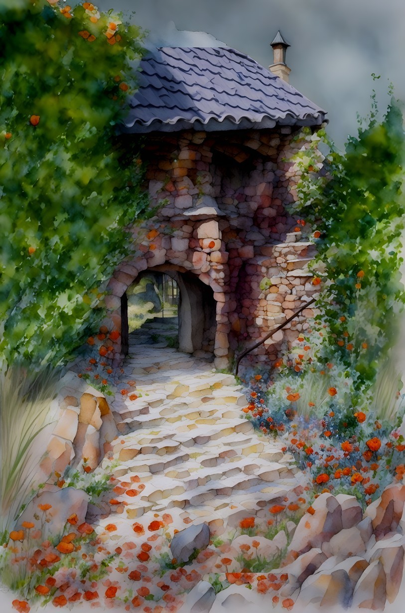 Whimsical Stone Archway Leading to a Cottage
