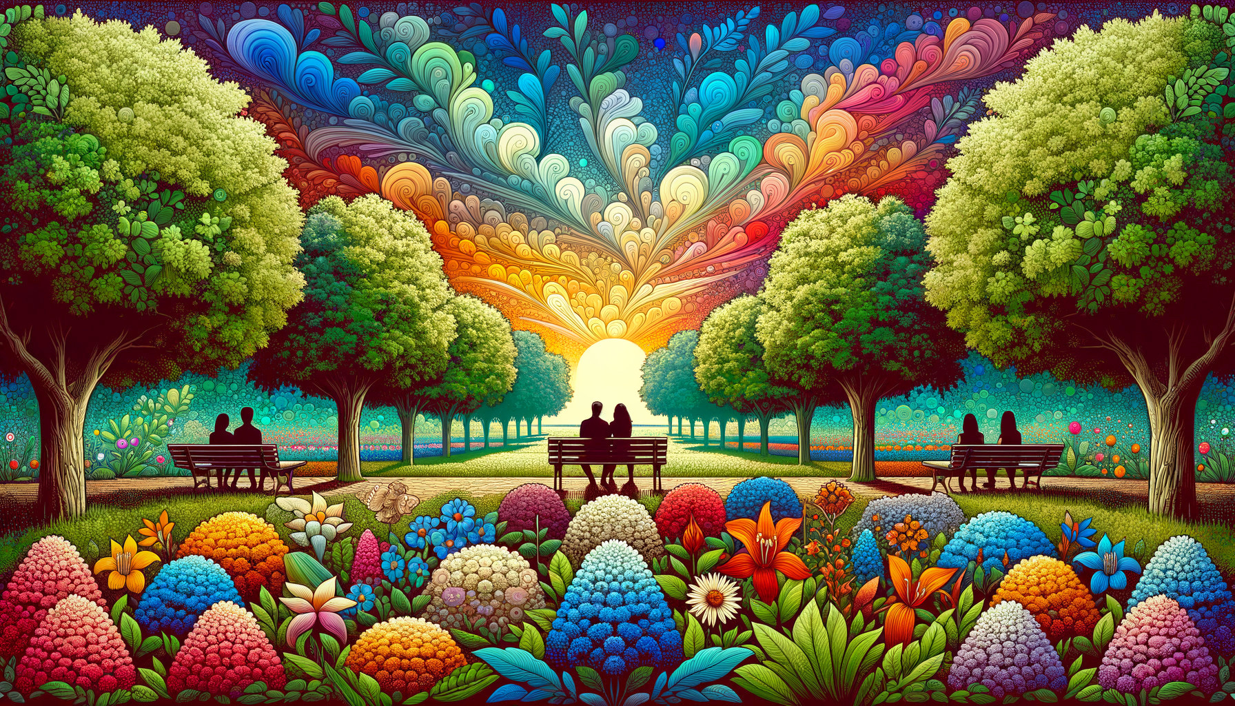 Couples in a Colorful Park at Sunset