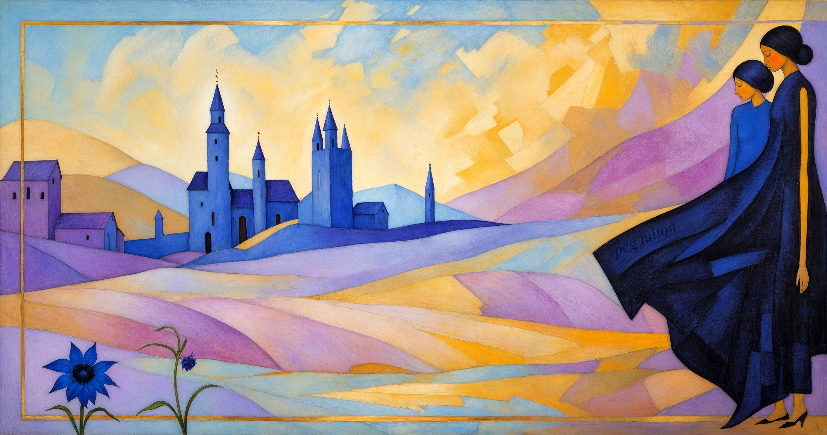 Colorful Landscape with Figures and Whimsical Towers