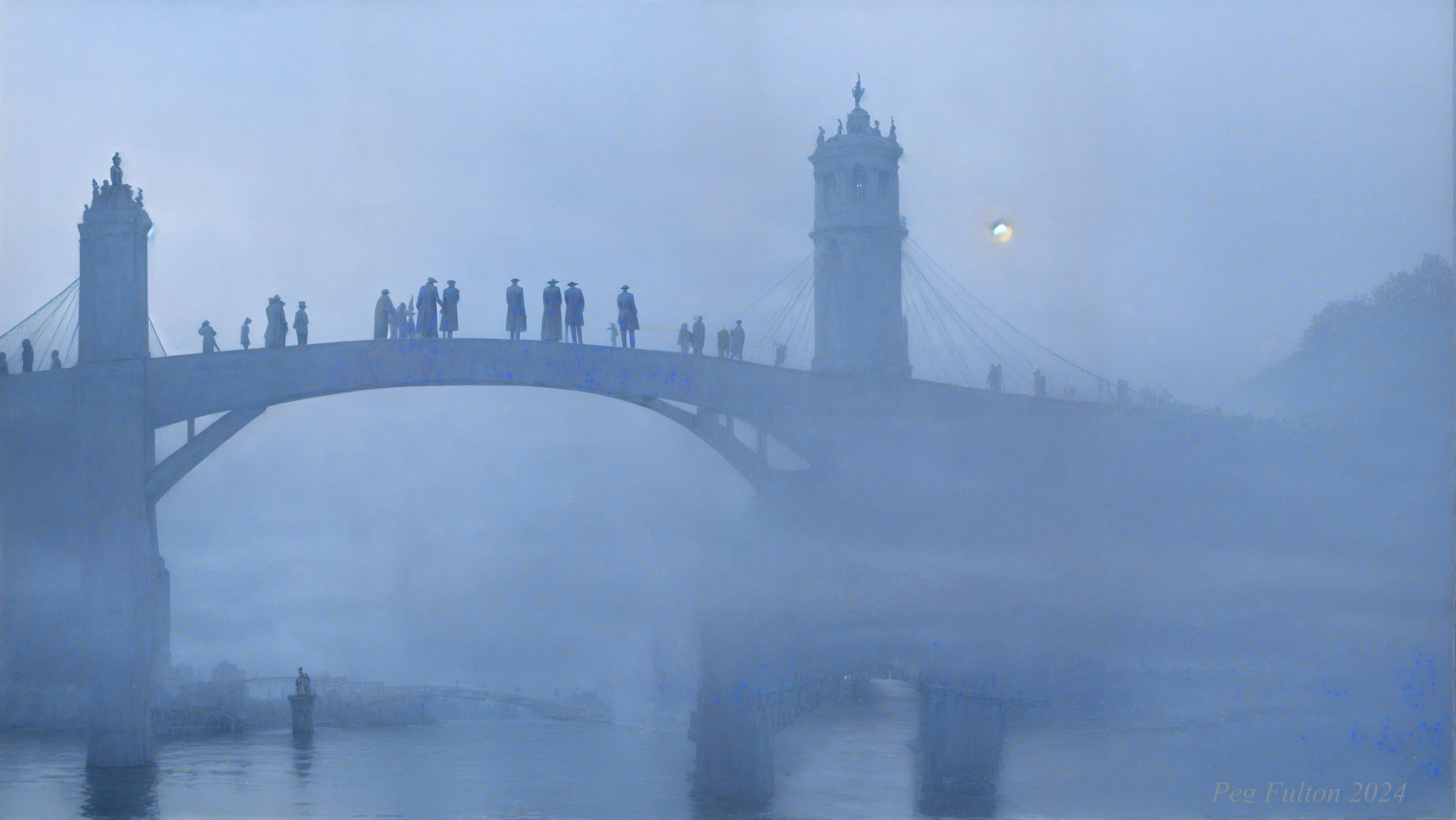 Misty Bridge Scene with Silhouetted Figures and Moon