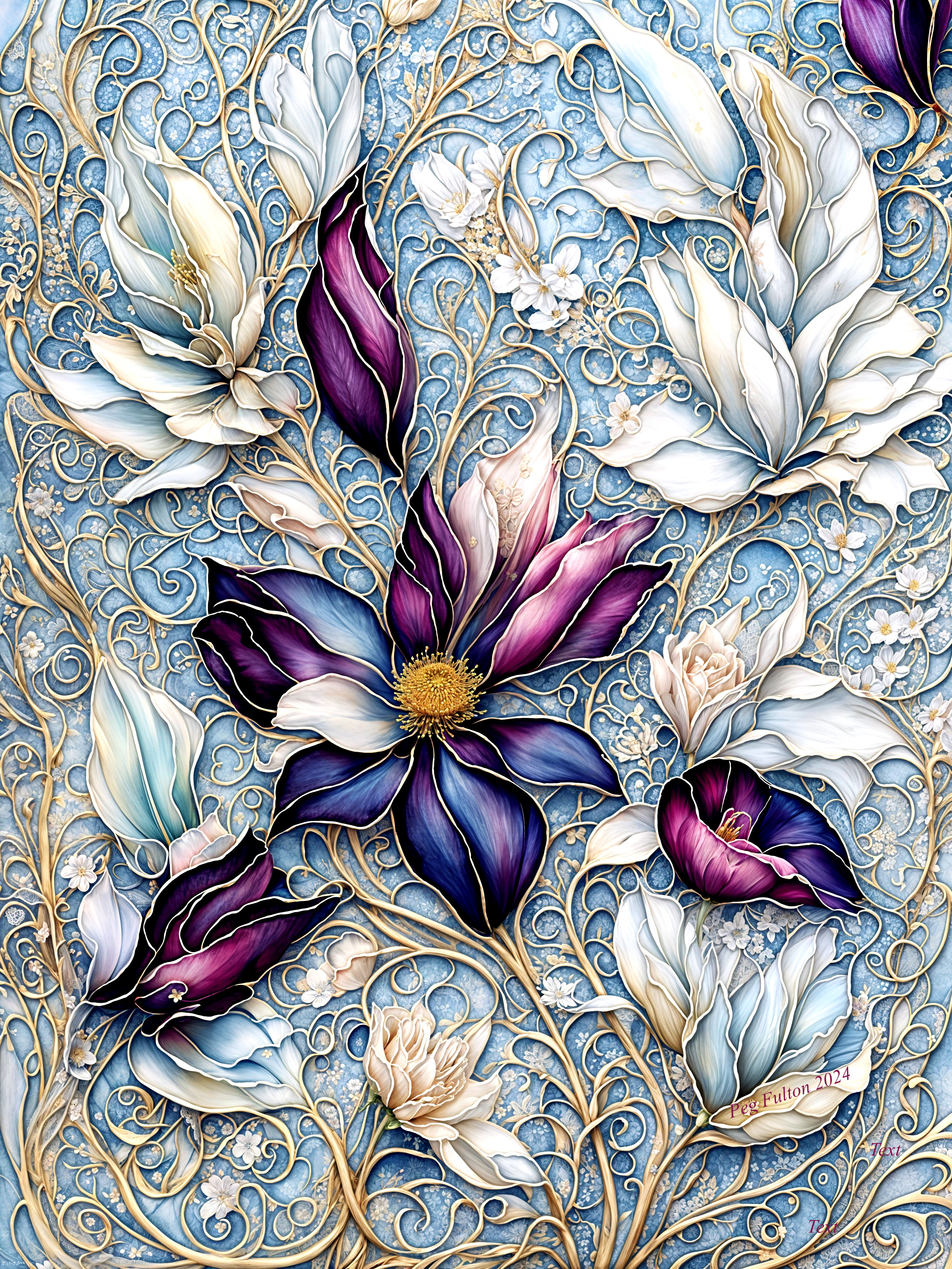 Intricate Floral Design with Vibrant Blossoms and Vines