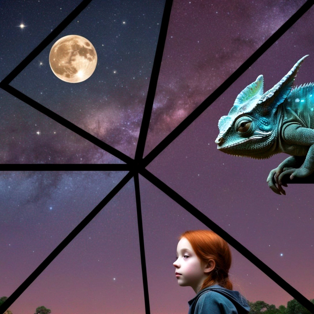 Girl gazes at starry night sky with full moon; chameleon blends in.
