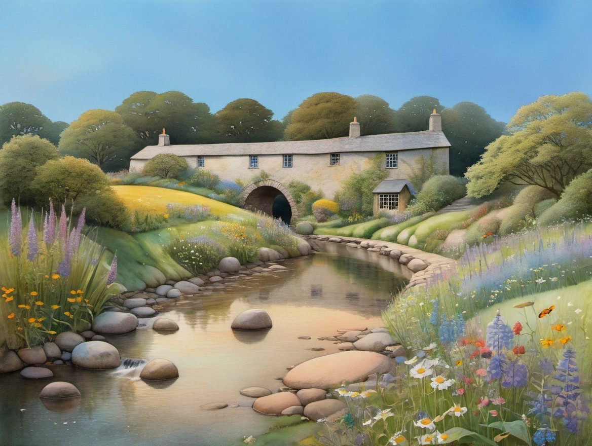 Tranquil country scene: Stone bridge, stream, floral vegetation, cottage