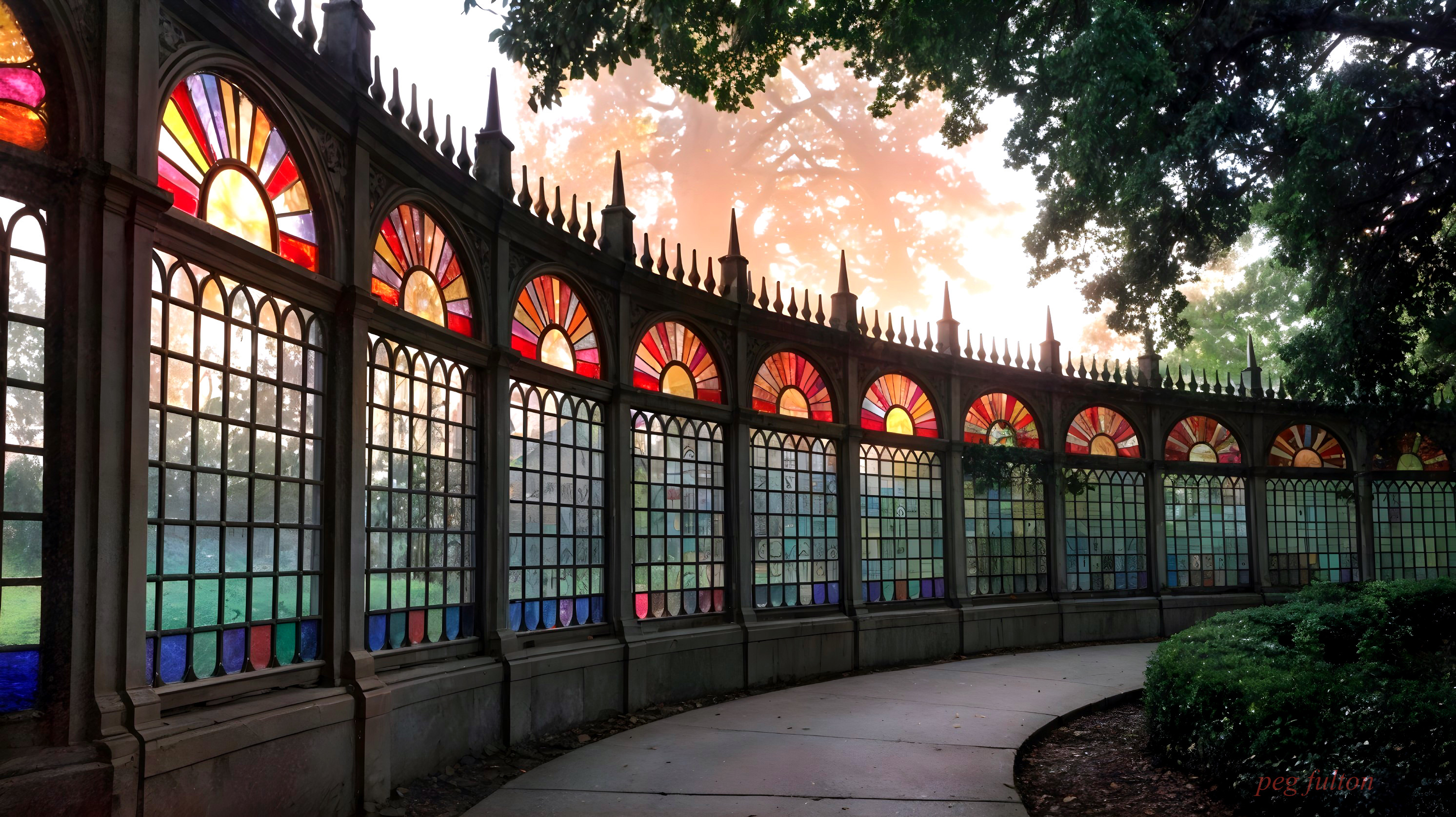 Vibrant Stained Glass Gazebo Surrounded by Greenery