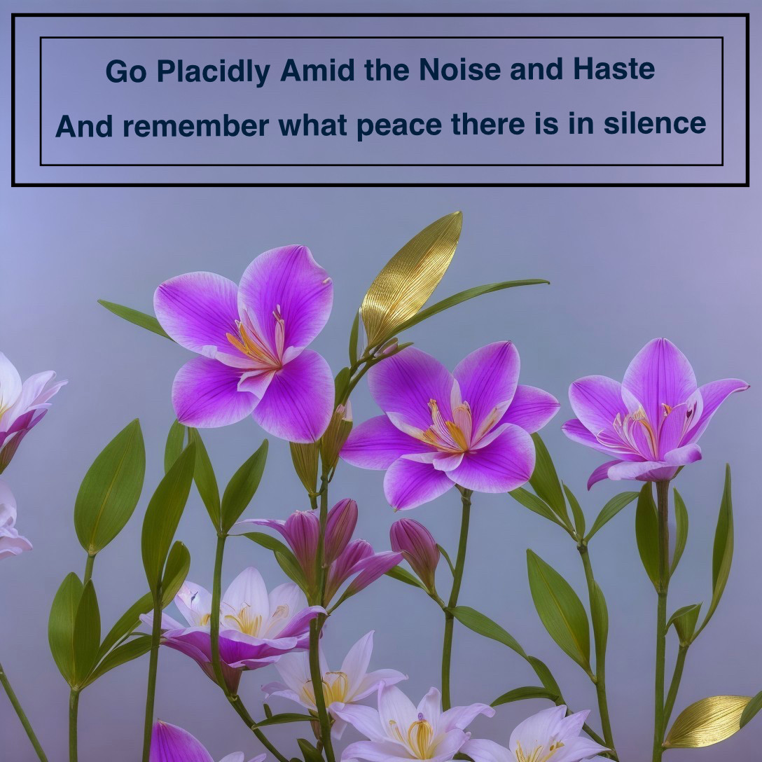 Pink and White Flowers on Blue Background with Peaceful Inscription