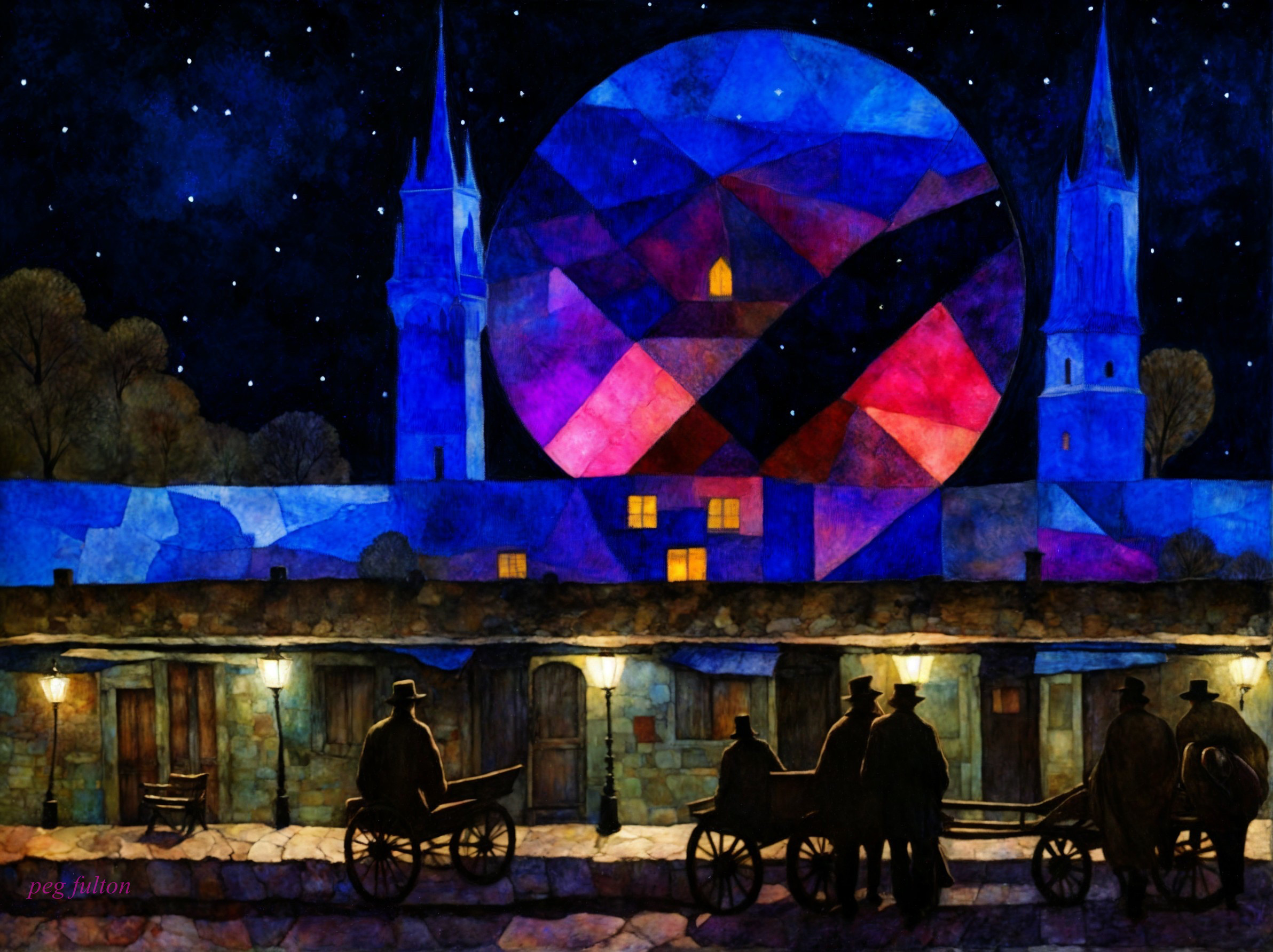 Vibrant Night Scene with Geometric Moon Over Village